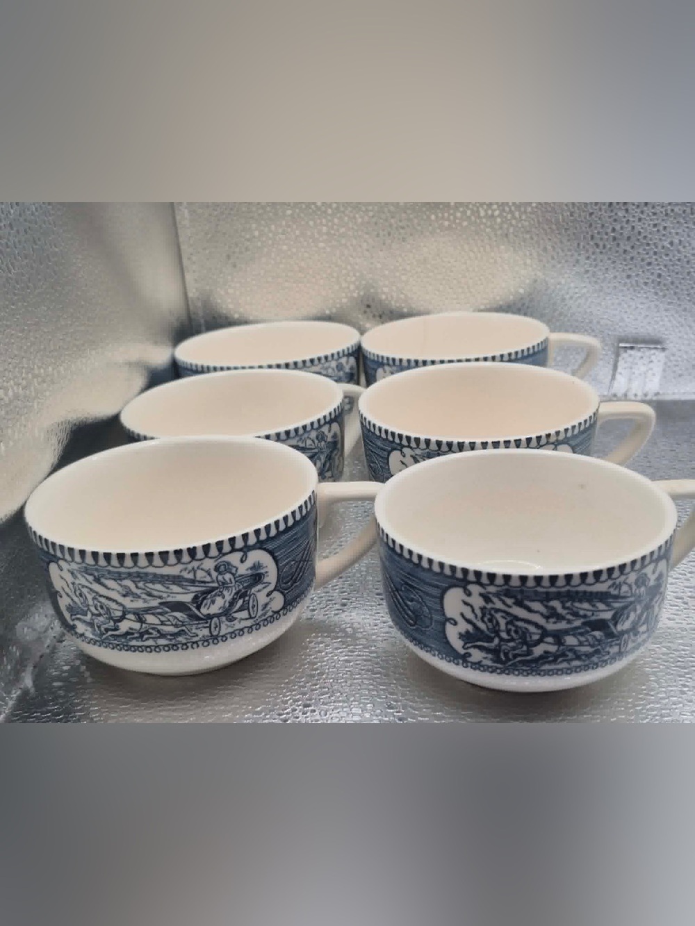 Vintage Coffee Cup Set 6 Blue White Star Of the Road Currier Ives Horse & Buggy